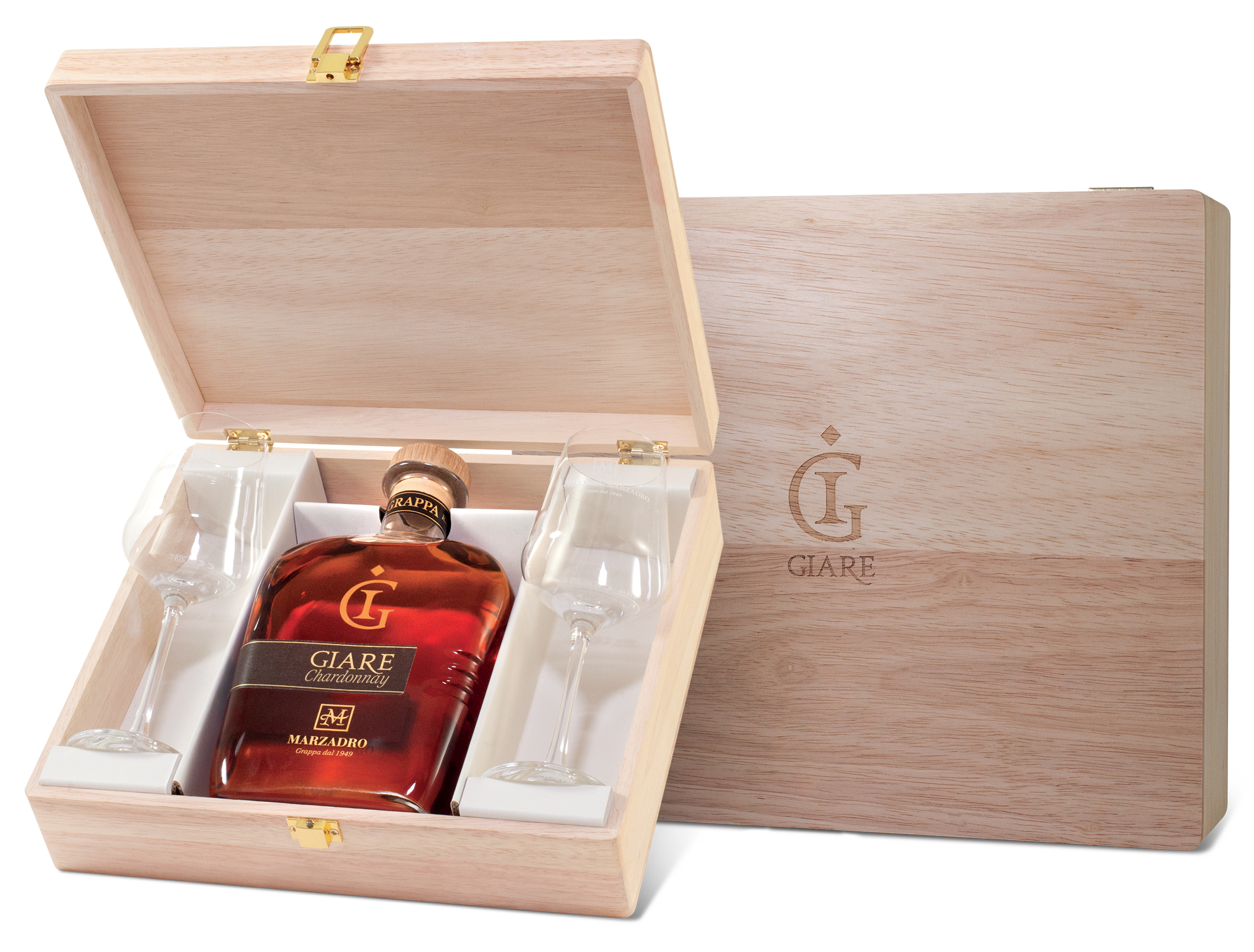 Conf_GiareCHARDONNAY_70cl_2Bicc Marzadro Grappa Giare Chardonnay Geschenk Set, 0,7 l
