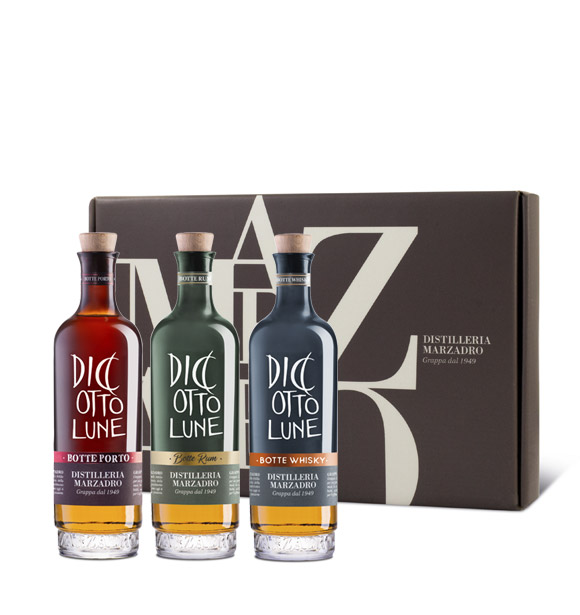 Konfektion-botte-porte-rum-whisky Marzadro Kollekton Grappa Le Diciotto Lune Riserva, 3x 20cl